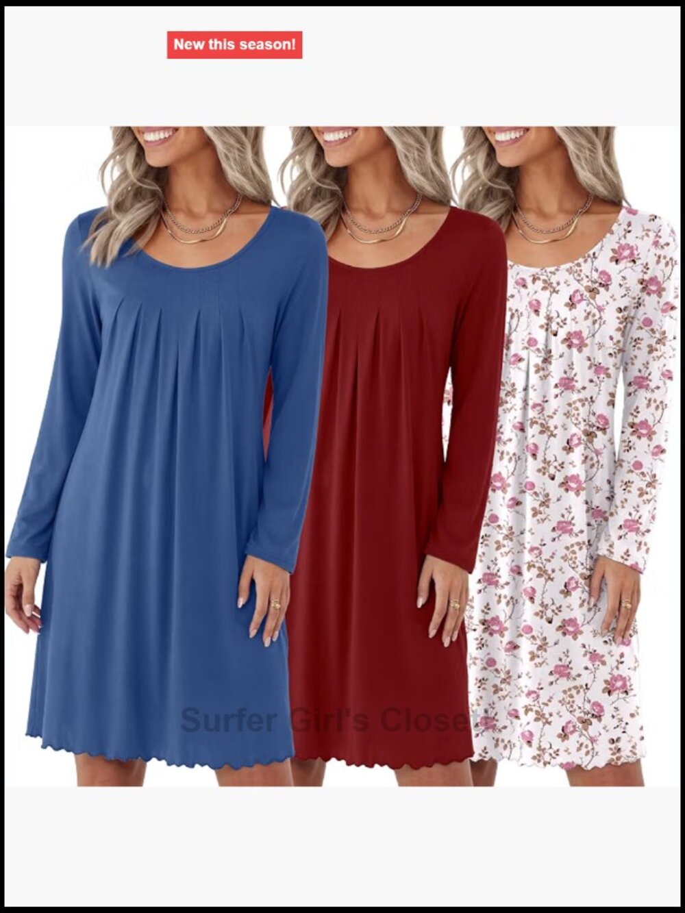 3 Pack Women's Long Sleeve Nightgowns Soft Polyester Spandex Lounge Sleep Shirt